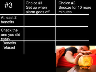 Choice #1
Get up when
alarm goes off
Choice #2
Snooze for 10 more
minutes
At least 2
benefits
Check the
one you did
today
Benefits
refused
#3
 