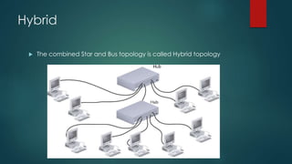 Hybrid 
 The combined Star and Bus topology is called Hybrid topology 
 