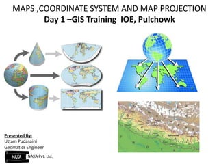 MAPS ,COORDINATE SYSTEM AND MAP PROJECTION 
Day 1 –GIS Training IOE, Pulchowk 
Presented By: 
Uttam Pudasaini 
Geomatics Engineer 
NAXA Pvt. Ltd. 
 