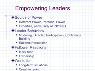 Empowering Leaders
Source of Power
 Referent Power, Personal Power
 Expertise, particularly of followers
Leader Behaviors
 Modeling, Directed Participation, Confidence
Building
 Rational Persuasion
Follower Reactions
 Initial fear
 Ownership
Works for
 Long-term situations
 Creative tasks
 
