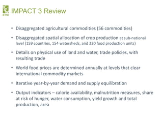 IMPACT 3 Review
• Disaggregated agricultural commodities (56 commodities)
• Disaggregated spatial allocation of crop produ...