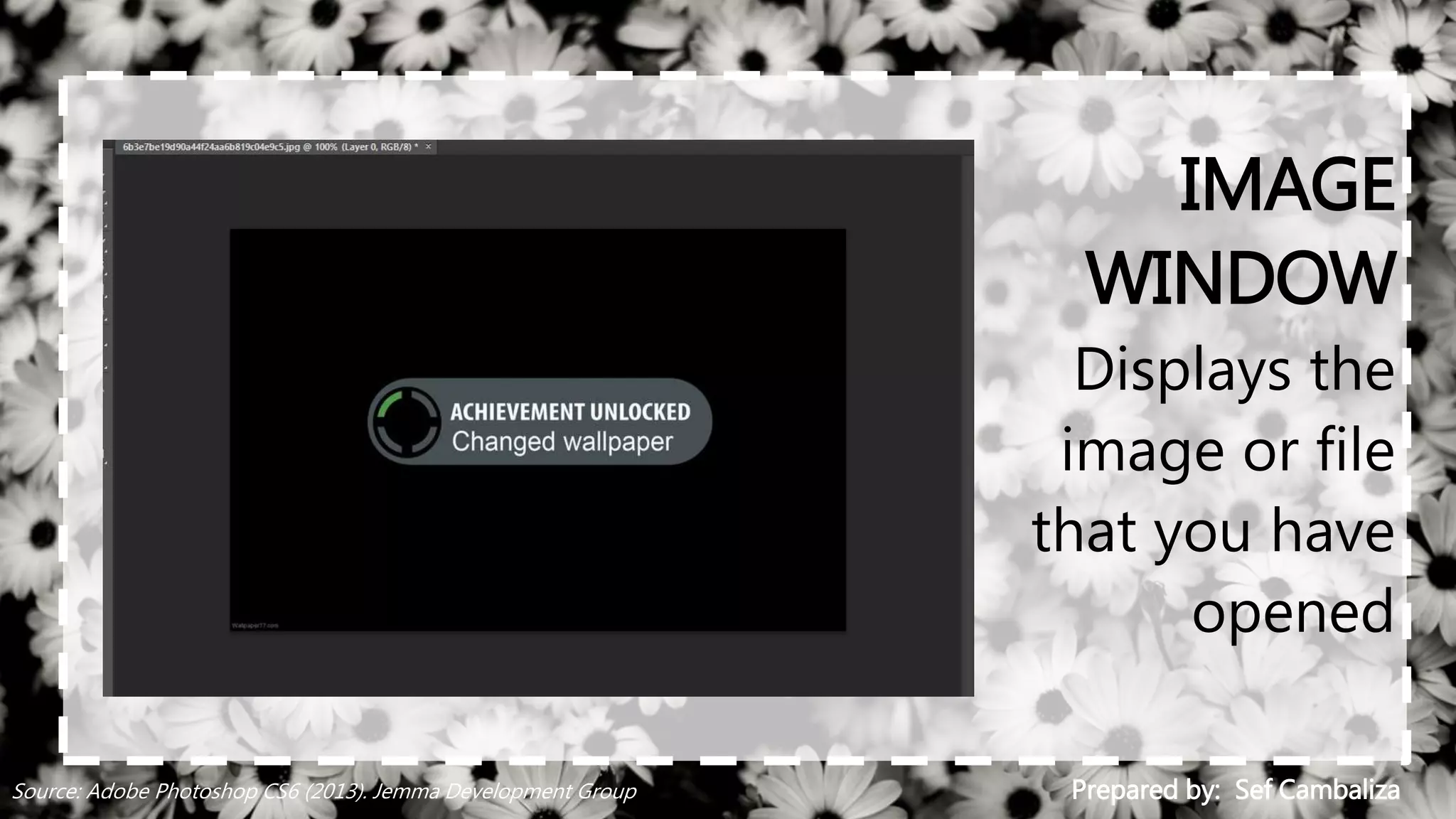 IMAGE
WINDOW
Displays the
image or file
that you have
opened
Prepared by: Sef CambalizaSource: Adobe Photoshop CS6 (2013). Jemma Development Group
 