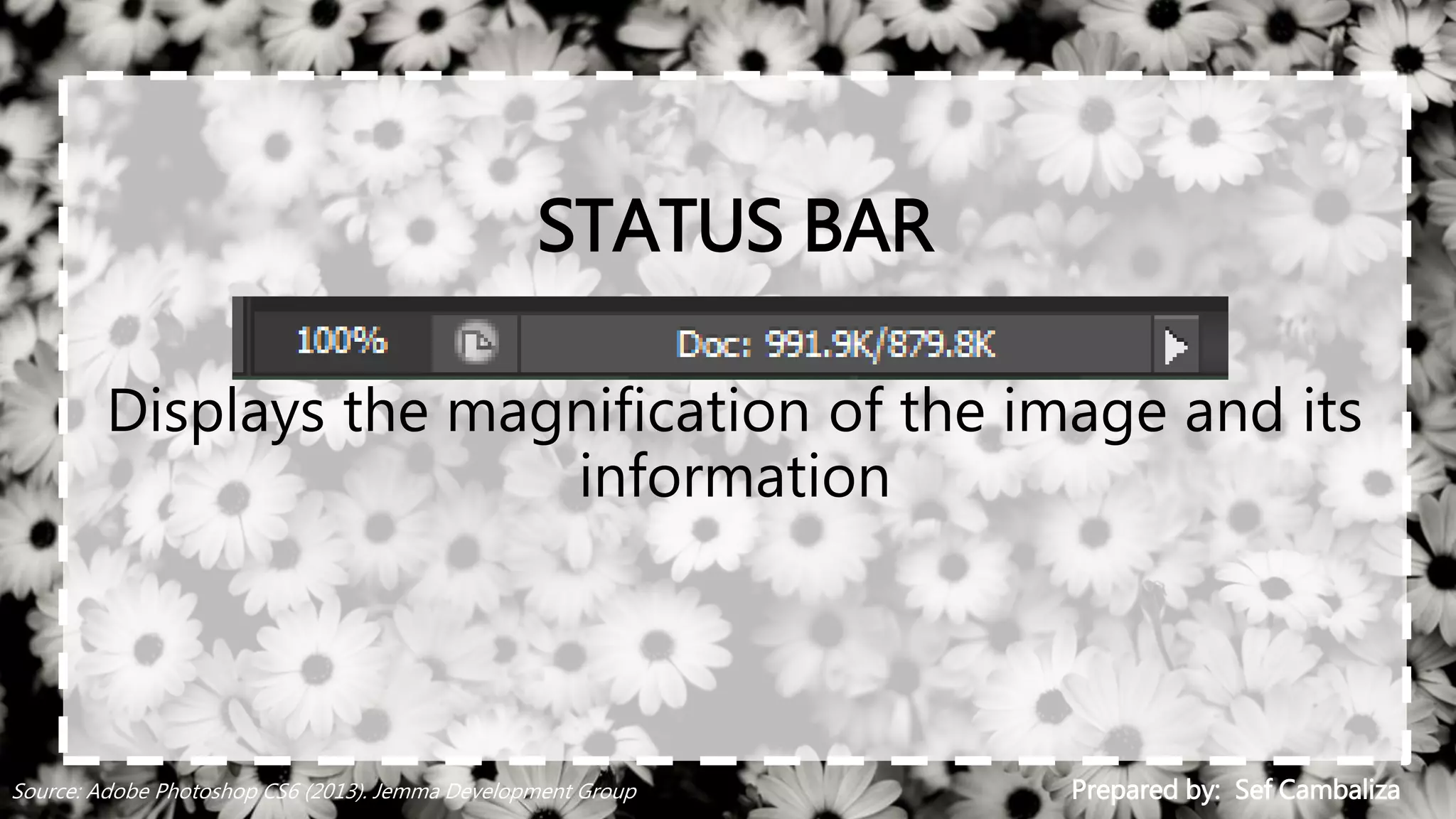 STATUS BAR
Displays the magnification of the image and its
information
Prepared by: Sef CambalizaSource: Adobe Photoshop CS6 (2013). Jemma Development Group
 
