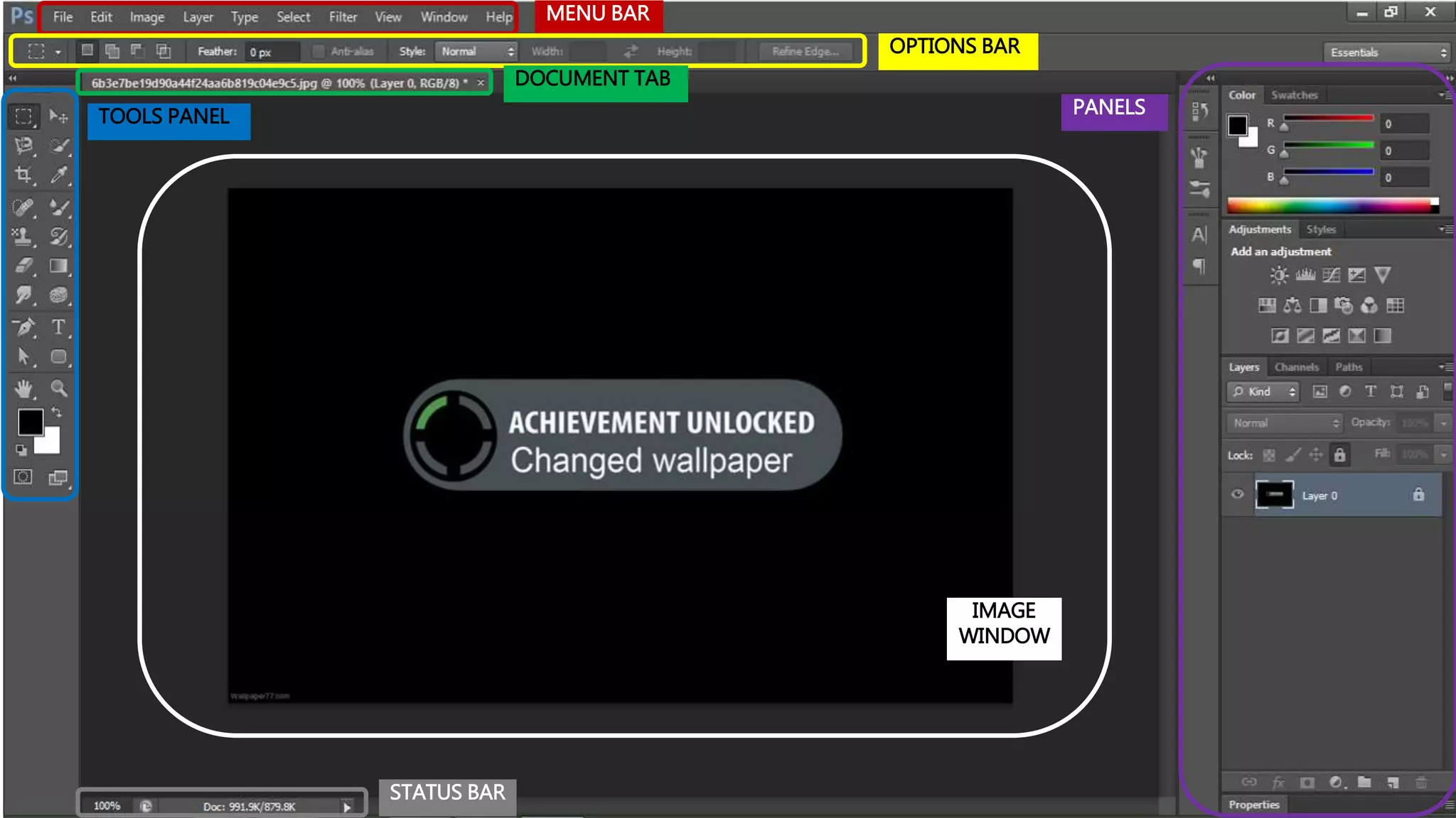 MENU BAR
OPTIONS BAR
DOCUMENT TAB
TOOLS PANEL PANELS
IMAGE
WINDOW
STATUS BAR
 