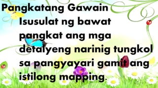 Pangkatang Gawain
Isusulat ng bawat
pangkat ang mga
detalyeng narinig tungkol
sa pangyayari gamit ang
istilong mapping.
 