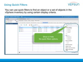 Using Quick Filters
You can use quick filters to find an object or a set of objects in the
vSphere inventory by using certain display criteria.
Show or hide
the quick filters options.
 