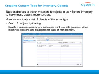 Creating Custom Tags for Inventory Objects
Tags enable you to attach metadata to objects in the vSphere inventory
to make these objects more sortable.
You can associate a set of objects of the same type:
• Search for objects by that tag.
• Enable a business case where customers want to create groups of virtual
machines, clusters, and datastores for ease of management.
 