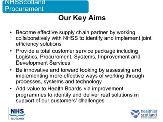 NHSScotland
Procurement
Supporting the Health and Wellbeing of the People of Scotland

                                                Our Key Aims
    • Become effective supply chain partner by working
      collaboratively with NHSS to identify and implement joint
      efficiency solutions
    • Provide a total customer service package including
      Logistics, Procurement, Systems, Improvement and
      Development Services
    • Be innovative and forward looking by assessing and
      implementing more effective ways of working through
      processes, systems and technology
    • Add value to Health Boards via improvement
      programmes to identify and deliver real solutions in
      support of our customers‟ challenges
 