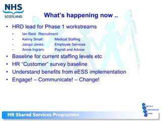 What‟s happening now ..
• HRD lead for Phase 1 workstreams
    -   Ian Reid: Recruitment
    -   Kenny Small:       Medical Staffing
    -   Jacqui Jones:      Employee Services
    -   Annie Ingram:      Payroll and Advice

•   Baseline for current staffing levels etc
•   HR “Customer” survey baseline
•   Understand benefits from eESS implementation
•   Engage! – Communicate! – Change!
 