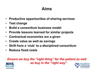 Aims

•    Productive opportunities of sharing services
•    Test change
•    Build a consortium business model
•    Provide lessons learned for similar projects
•    Contractual economies are a given
•    Create value as well as savings
•    Shift from a „club‟ to a disciplined consortium
•    Reduce fixed costs

    Ensure we buy the “right thing” for the patient as well
                  as buy in the “right way”
 