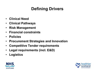 Defining Drivers

•   Clinical Need
•   Clinical Pathways
•   Risk Management
•   Financial constraints
•   Policies
•   Procurement Strategies and Innovation
•   Competitive Tender requirements
•   Legal requirements (incl. E&D)
•   Logistics
 