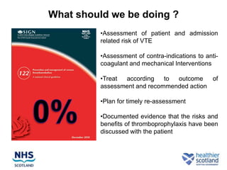 What should we be doing ?
         •Assessment of patient and admission
         related risk of VTE

         •Assessment of contra-indications to anti-
         coagulant and mechanical Interventions

         •Treat according    to outcome    of
         assessment and recommended action

         •Plan for timely re-assessment

         •Documented evidence that the risks and
         benefits of thromboprophylaxis have been
         discussed with the patient
 