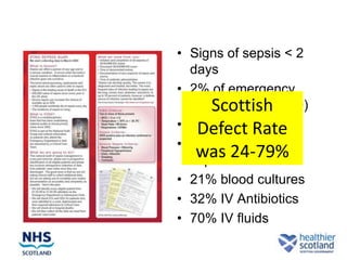 • Signs of sepsis < 2
  days
• 2% of emergency
     Scottish
  admissions (~5000)
• 71% had aRate
   Defect EWS
• 34% had severe
   was 24-79%
  sepsis
• 21% blood cultures
• 32% IV Antibiotics
• 70% IV fluids
 