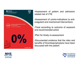 •Assessment of patient and admission
related risk of VTE

•Assessment of contra-indications to anti-
coagulant and mechanical Interventions

•Treat according to outcome of assessnt
and recommended action

•Plan for timely re-assessment

•Documented evidence that the risks and
benefits of thromboprophylaxis have been
discussed with the patient
 