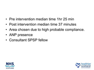 •   Pre intervention median time 1hr 25 min
•   Post intervention median time 37 minutes
•   Area chosen due to high probable compliance.
•   ANP presence
•   Consultant SPSP fellow
 