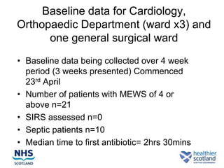Baseline data for Cardiology,
Orthopaedic Department (ward x3) and
      one general surgical ward
• Baseline data being collected over 4 week
  period (3 weeks presented) Commenced
  23rd April
• Number of patients with MEWS of 4 or
  above n=21
• SIRS assessed n=0
• Septic patients n=10
• Median time to first antibiotic= 2hrs 30mins
 