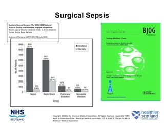 Surgical Sepsis
Sepsis in General Surgery: The 2005-2007 National
Surgical Quality Improvement Program Perspective.
Moore, Laura; Moore, Frederick; Todd, S; Jones, Stephen;
Turner, Krista; Bass, Barbara

Archives of Surgery. 145(7):695-700, July 2010.




                                                   Copyright 2010 by the American Medical Association. All Rights Reserved. Applicable FARS/DFARS Restrictions   2
                                                   Apply to Government Use. American Medical Association, 515 N. State St, Chicago, IL 60610. Published by
                                                   American Medical Association.
 