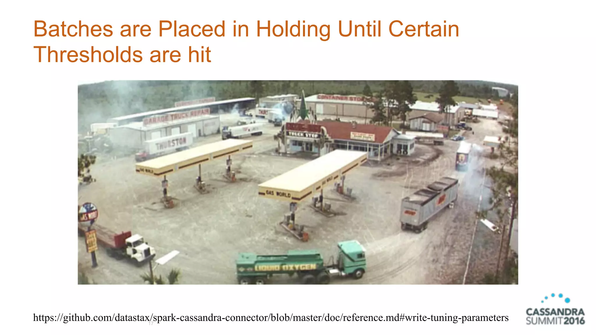 Batches are Placed in Holding Until Certain
Thresholds are hit
17
https://github.com/datastax/spark-cassandra-connector/blob/master/doc/reference.md#write-tuning-parameters
 