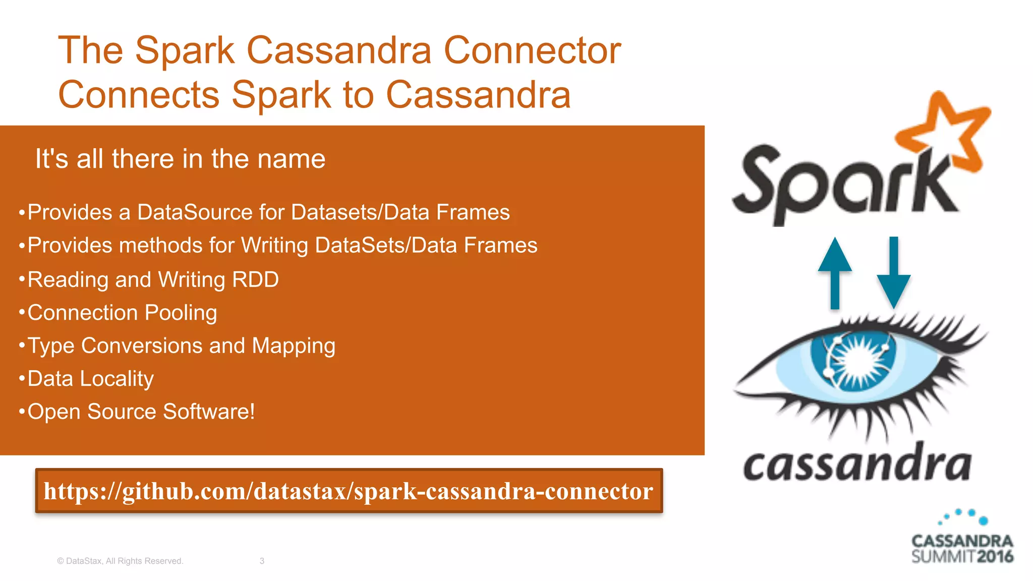 © DataStax, All Rights Reserved.
The Spark Cassandra Connector
Connects Spark to Cassandra
3
It's all there in the name
•Provides a DataSource for Datasets/Data Frames
•Provides methods for Writing DataSets/Data Frames
•Reading and Writing RDD
•Connection Pooling
•Type Conversions and Mapping
•Data Locality
•Open Source Software!
https://github.com/datastax/spark-cassandra-connector
 