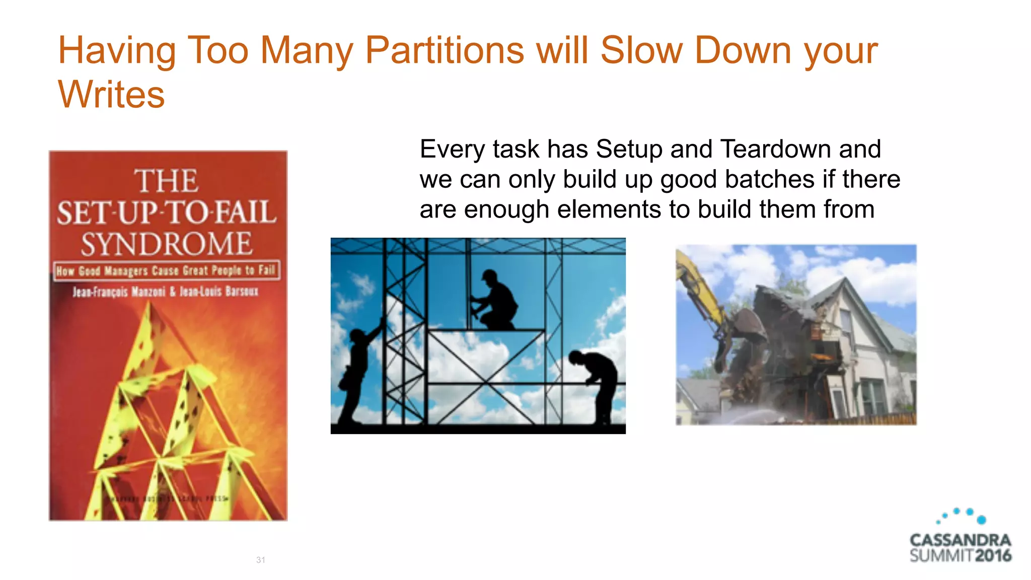 Having Too Many Partitions will Slow Down your
Writes
31
Every task has Setup and Teardown and
we can only build up good batches if there
are enough elements to build them from
 