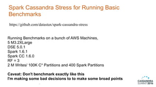 Spark Cassandra Stress for Running Basic
Benchmarks
22
https://github.com/datastax/spark-cassandra-stress
Running Benchmarks on a bunch of AWS Machines,  
5 M3.2XLarge 
DSE 5.0.1
Spark 1.6.1 
Spark CC 1.6.0
RF = 3
2 M Writes/ 100K C* Partitions and 400 Spark Partitions 
 
Caveat: Don't benchmark exactly like this
I'm making some bad decisions to to make some broad points
 