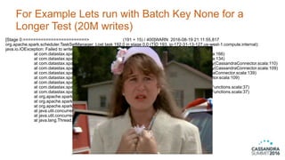 For Example Lets run with Batch Key None for a
Longer Test (20M writes)
28
[Stage 0:=========================> (191 + 15) ...