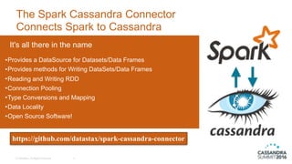 © DataStax, All Rights Reserved.
The Spark Cassandra Connector
Connects Spark to Cassandra
3
It's all there in the name
•P...