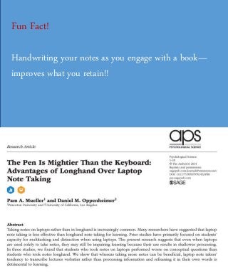 Fun Fact!
Handwriting your notes as you engage with a book—
improves what you retain!!
 