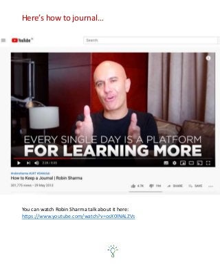 You can watch Robin Sharma talk about it here:
https://www.youtube.com/watch?v=osX0lNALZVs
Here’s how to journal…
 