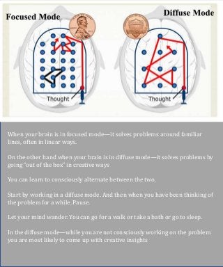 When your brain is in focused mode—it solves problems around familiar
lines, often in linear ways.
On the other hand when your brain is in diffuse mode—it solves problems by
going “out of the box” in creative ways
You can learn to consciously alternate between the two.
Start by working in a diffuse mode. And then when you have been thinking of
the problem for a while. Pause.
Let your mind wander. You can go for a walk or take a bath or go to sleep.
In the diffuse mode—while you are not consciously working on the problem
you are most likely to come up with creative insights
 
