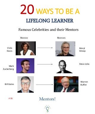 Mentors!#16
20WAYS TO BE A
LIFELONG LEARNER
Famous Celebrities and their Mentors
Mentee Mentors
Viola
Davis
Bill Gates
Mark
Zuckerberg
Meryl
Streep
Steve Jobs
Warren
Buffet
 