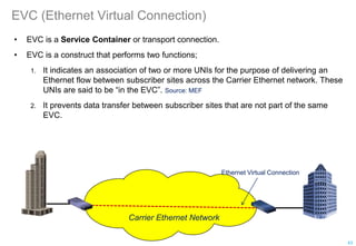 EVC (Ethernet Virtual Connection)
Ethernet Virtual Connection
Carrier Ethernet Network
• EVC is a Service Container or transport connection.
• EVC is a construct that performs two functions;
1. It indicates an association of two or more UNIs for the purpose of delivering an
Ethernet flow between subscriber sites across the Carrier Ethernet network. These
UNIs are said to be “in the EVC”. Source: MEF
2. It prevents data transfer between subscriber sites that are not part of the same
EVC.
43
 