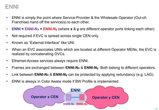 Operator y CEN
Operator x CEN
ENNI
• ENNI is simply the point where Service-Provider & the Wholesale Operator (Out-of-
Franchise) hand off the service(s) to each other.
• ENNI = ENNI-Nx + ENNI-Ny (where x & y are different operator ports linking each other)
• Not required if EVC is spread across single CEN only.
• Known as “External Interface” like UNI.
• When an EVC associates UNIs which are located at different Operator MENs, the EVC is
realized by concatenating OVCs.
• Ethernet-Access services always require ENNI.
• Frames are exchanged between ENNI-Nx & ENNI-Ny. Both belong to different operators.
• Link between ENNI-Nx & ENNI-Ny can be protected by applying redundancy (e.g. LAG).
• ENNI is always in Color Aware mode if BW Profile is implemented.
ENNI-Nx
ENNI
48
ENNI-Ny
 