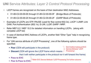 UNI Service Attributes: Layer 2 Control Protocol Processing
• L2CP frames are recognized on the basis of their destination MAC Addresses.
 01-80-C2-00-00-00 through 01-80-C2-00-00-0F (Bridge Block of Protocols)
 01-80-C2-00-00-20 through 01-80-C2-00-00-2F (GARP Block of Protocols)
• Examples of L2CPs are STP, PAUSE (used for flow control 802.3x), LACP / LAMP, Link
OAM, Port Authentication (802.1x), E-LMI, LLDP, GARP / MRP.
• Refer MEF 6.2 / MEF 10.3 for detailed information on handling L2CPs. (along with
complete L2CP list)
• In case of identical MAC Address of L2CPs, another field “Ether Type” help in recognizing
frame type.
• For “UNI service attribute of L2CP Processing”, one of the following options should be
specified:
 Peer (CEN will participate in the protocol)
 Discard (CEN will ignore the L2CP frame which means
that it will neither participate in the protocol nor it will forward the frame)
 Pass to EVC
 Peer & Pass to EVC 69
Refer EVC Service Attribute “L2CP Processing” for further outcome.
Don’t bother looking at EVC
Service Attribute “L2CP
Processing”.
 