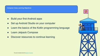 Compose Camp Learning Objectives
● Build your first Android apps
● Set up Android Studio on your computer
● Learn the basics of the Kotlin programming language
● Learn Jetpack Compose
● Discover resources to continue learning
This work is licensed under the Apache 2.0 License
 