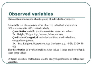 Data contain information about a group of individuals or subjects
A variable is a characteristic of an observed individual which takes
different values for different individuals:
Quantitative variable (continuous) takes numerical values.
Ex.: Height, Weight, Age, Income, Measurements
Qualitative/Categorical variable classifies an individual into
categories or groups.
Ex. : Sex, Religion, Occupation, Age (in classes e.g. 10-20, 20-30, 30-
40)
The distribution of a variable tells us what values it takes and how often it
takes those values
Different statistical methods are used to analyze quantitative or categorical
variables.
Observed variables
 