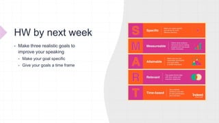 HW by next week
 Make three realistic goals to
improve your speaking
 Make your goal specific
 Give your goals a time frame
 