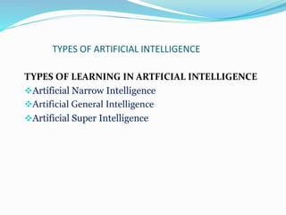 TYPES OF ARTIFICIAL INTELLIGENCE
TYPES OF LEARNING IN ARTFICIAL INTELLIGENCE
Artificial Narrow Intelligence
Artificial General Intelligence
Artificial Super Intelligence
 