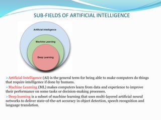 SUB-FIELDS OF ARTIFICIAL INTELLIGENCE
Artificial Intelligence (AI) is the general term for being able to make computers do things
that require intelligence if done by humans.
Machine Learning (ML) makes computers learn from data and experience to improve
their performance on some tasks or decision-making processes.
Deep learning is a subset of machine learning that uses multi-layered artificial neural
networks to deliver state-of-the-art accuracy in object detection, speech recognition and
language translation.
 