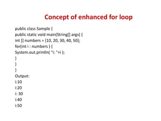 public class Sample {
public static void main(String[] args) {
int [] numbers = {10, 20, 30, 40, 50};
for(int i : numbers ) {
System.out.println( "i: "+i );
}
}
}
Output:
i:10
i:20
i: 30
i:40
i:50
Concept of enhanced for loop
 