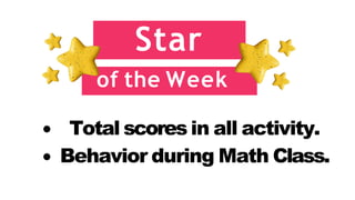 Star
of the Week
Total scores in all activity.
Behavior during Math Class.
 