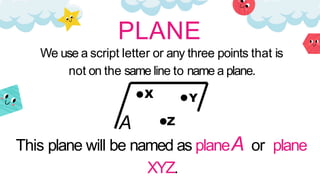 PLANE
X
A
This plane will be named as planeA or plane
XYZ.
Y
Z
We use a script letter or any three points that is
not on the same line to name a plane.
 