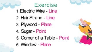 Exercise
1.Electric Wire - Line
2. Hair Strand - Line
3. Plywood - Plane
4. Sugar - Point
5. Corner of a Table - Point
6. Window - Plane
 