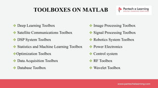 TOOLBOXES ON MATLAB
❖ Image Processing Toolbox
❖ Signal Processing Toolbox
❖ Robotics System Toolbox
❖ Power Electronics
❖ Control system
❖ RF Toolbox
❖ Wavelet Toolbox
❖ Deep Learning Toolbox
❖ Satellite Communications Toolbox
❖ DSP System Toolbox
❖ Statistics and Machine Learning Toolbox
❖Optimization Toolbox
❖ Data Acquisition Toolbox
❖ Database Toolbox
 