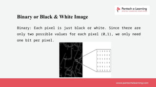 Binary or Black & White Image
Binary: Each pixel is just black or white. Since there are
only two possible values for each pixel (0,1), we only need
one bit per pixel.
 