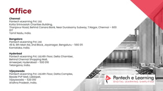 Office
Chennai
Pantech eLearning Pvt. Ltd.
Kotta Srinivasiah Charities Building,
Thanjavur Road, Behind Canara Bank, Near Duraisamy Subway, T.Nagar, Chennai – 600 017
Tamil Nadu, India.
Bangalore
Pantech eLearning Pvt. Ltd.
49 B, 9th Main Rd, 2nd Block, Jayanagar, Bengaluru - 560 011
Karnataka, India.
Hyderbad
Pantech eLearning Pvt. Ltd.4th Floor, Delta Chamber,
Behind Chennai Shopping Mall,
Ameerpet, Hyderabad – 500 016
Telangana, India.
Vijayawada
Pantech eLearning Pvt. Ltd.4th Floor, Datta Complex,
Beside PVP Mall, Labbipet,
Vijayawada – 520 010
Andhra Pradesh, India.
 