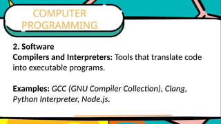 2. Software
Compilers and Interpreters: Tools that translate code
into executable programs.
Examples: GCC (GNU Compiler Collection), Clang,
Python Interpreter, Node.js.
COMPUTER
PROGRAMMING
 