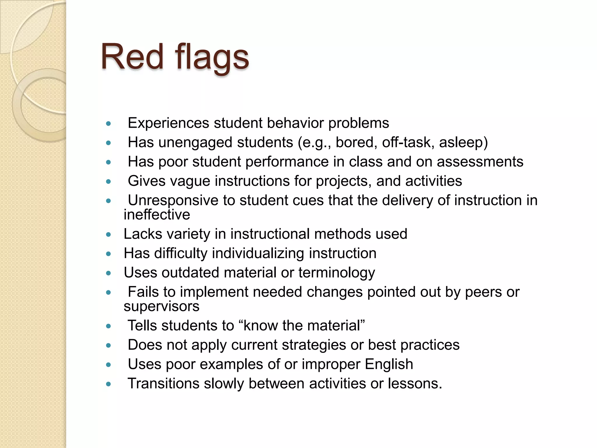 Red flags














Experiences student behavior problems
Has unengaged students (e.g., bored, off-task, asleep)
Has poor student performance in class and on assessments
Gives vague instructions for projects, and activities
Unresponsive to student cues that the delivery of instruction in
ineffective
Lacks variety in instructional methods used
Has difficulty individualizing instruction
Uses outdated material or terminology
Fails to implement needed changes pointed out by peers or
supervisors
Tells students to ―know the material‖
Does not apply current strategies or best practices
Uses poor examples of or improper English
Transitions slowly between activities or lessons.

 