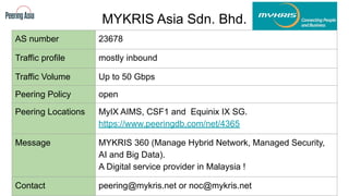 MYKRIS Asia Sdn. Bhd.
AS number 23678
Traffic profile mostly inbound
Traffic Volume Up to 50 Gbps
Peering Policy open
Peering Locations MyIX AIMS, CSF1 and Equinix IX SG.
https://www.peeringdb.com/net/4365
Message MYKRIS 360 (Manage Hybrid Network, Managed Security,
AI and Big Data).
A Digital service provider in Malaysia !
Contact peering@mykris.net or noc@mykris.net
 