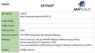 MYNAP
AS number 139075
https://www.peeringdb.com/ix/2715
Traffic profile -
Traffic Volume -
Peering Policy Open
Peering Locations -NTT MSC DataCenter @ Cyberjaya Malaysia
Message Nice to meet you. We are MYNAP (Malaysia Network Access Point).
Service launched on 5th
November, 2019.
If you are interested in traffic/routing exchange in Malaysia, please tell us anytime.
Contact info@mynap.my
 